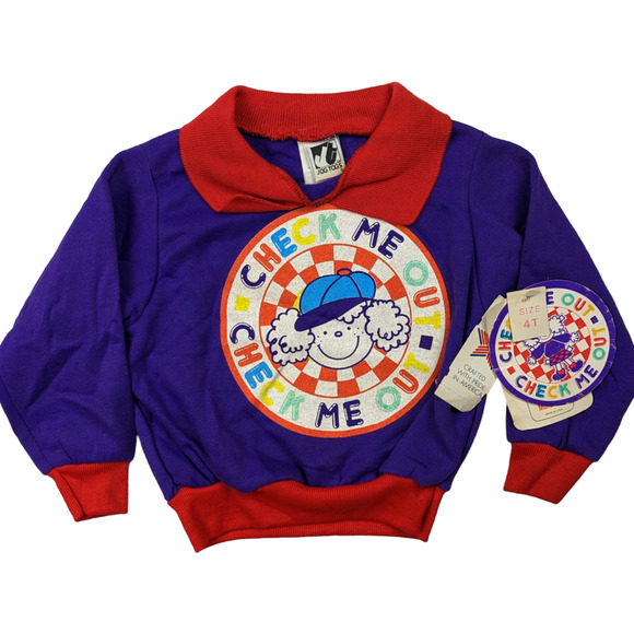 Vintage 80s Kids Unisex Check Me Out Sweatshirt Sweater Jog Togs Sz 2T Purple - Picture 1 of 4